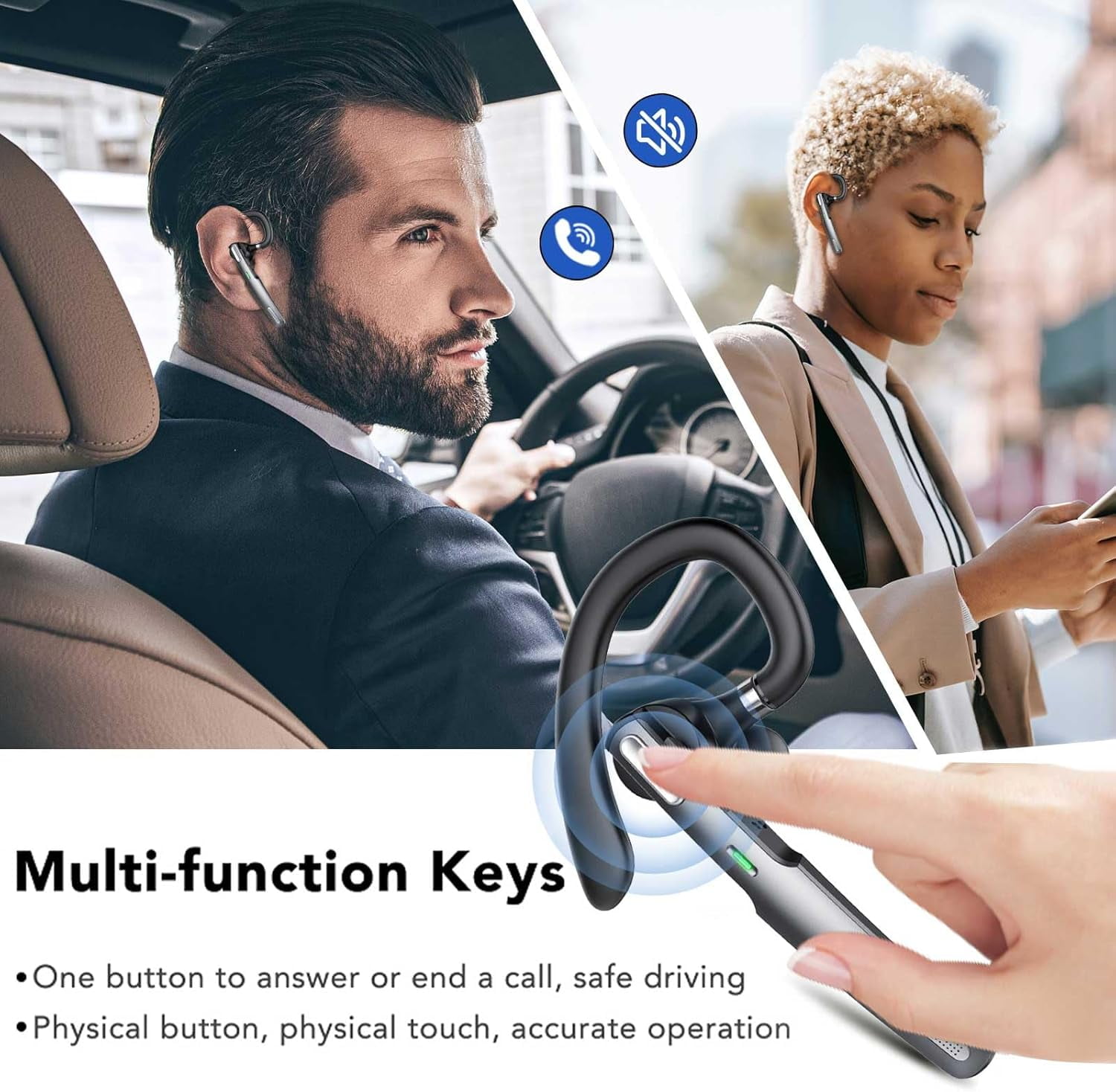 Swiifome Bluetooth Headset, Wireless Bluetooth Earpiece V5.0 Hands-Free Earphones with Built-in Mic for Driving/Business/Office, C