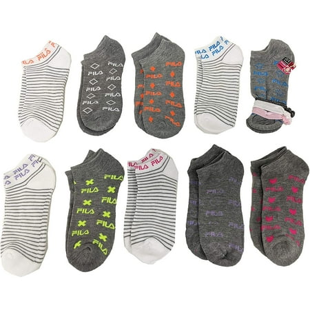 Fila Kids Girls 10-Pack Half Cushion No Show Socks with Hair Ties (Starry - Light Gray Heather, Girls Large (Shoe Sizes 4-10))