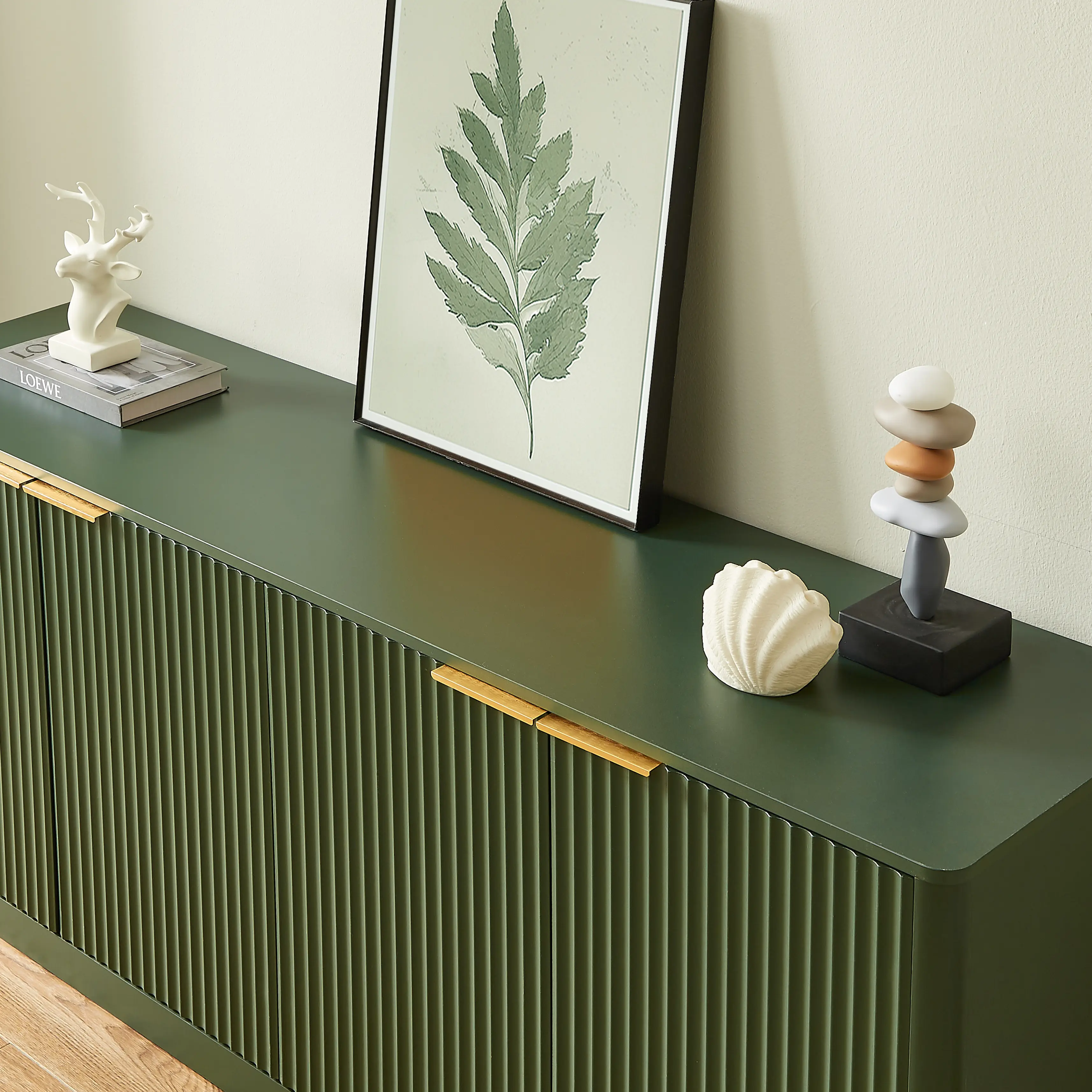 Aukfa 59" Modern Sideboard Cabinet, Wood Storage Credenza & TV Cabinet with 6 Fluted Doors for Living Room/Dining Room,Green