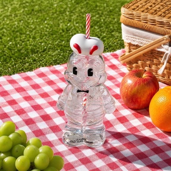 Jolly Glass Tumbler with Premium Red Gift Box, 6.5" Cute Bee Shaped Reusable Glass Straw Cup, Novelty Birthday Holiday Gifts for Men Women Kids, Collectible Cartoon Character Glassware