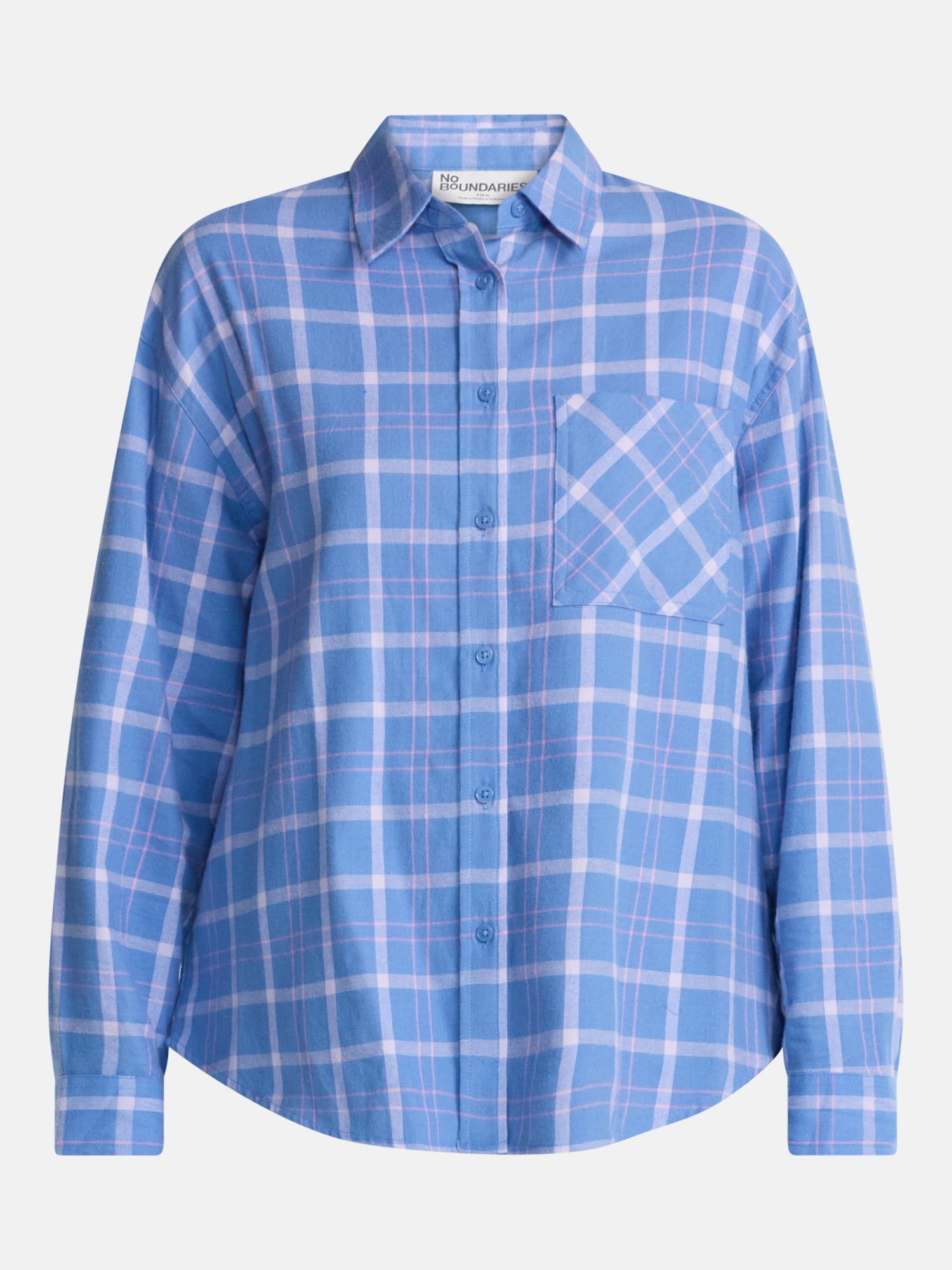 No Boundaries Plaid Flannel Shirt with Long Sleeves, Women's XXS-XXL