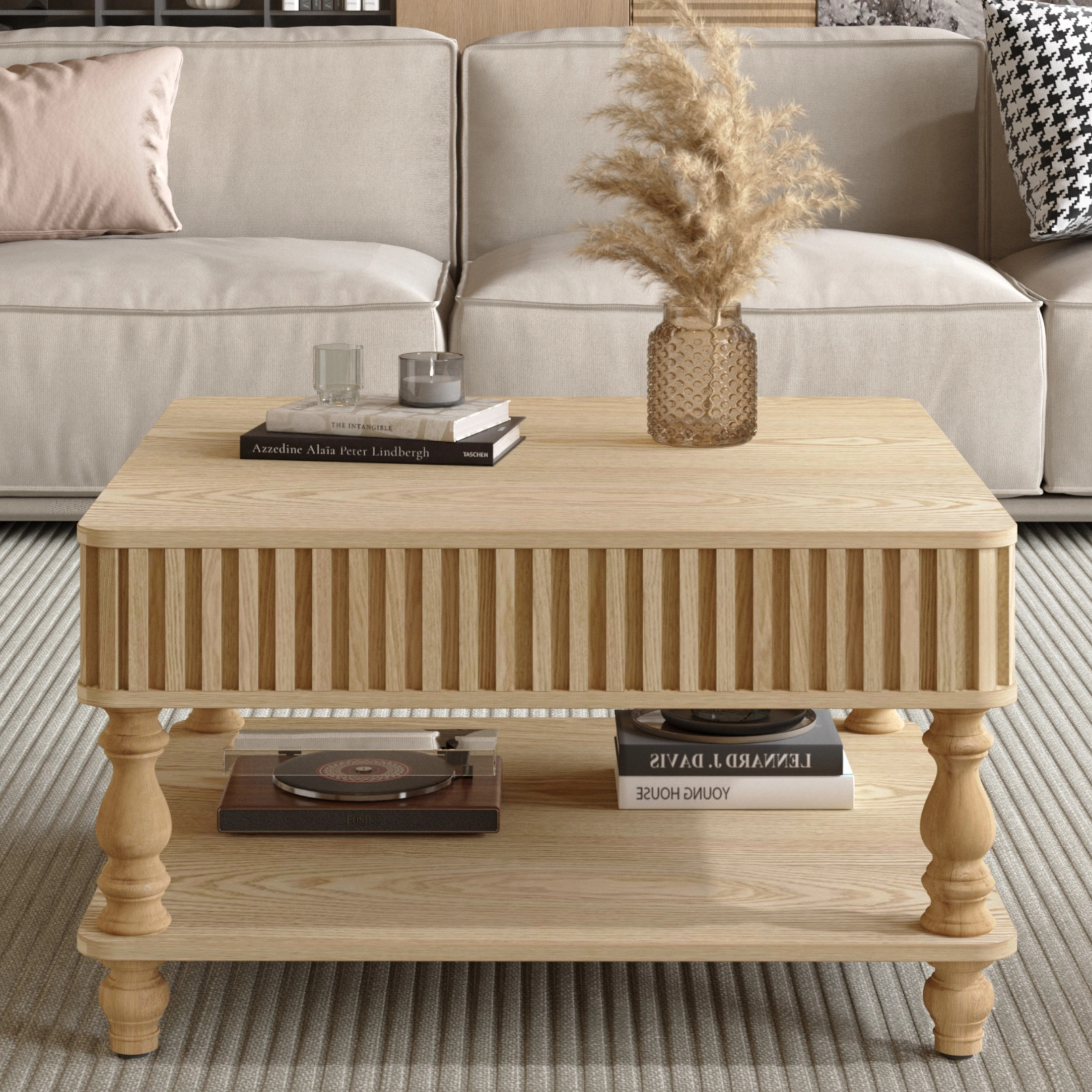 Noble House Square Fluted Lift-Top Coffee Table with Hidden & Open Storage, Hydraulic Design and Solid Wood Legs, Natural Wood