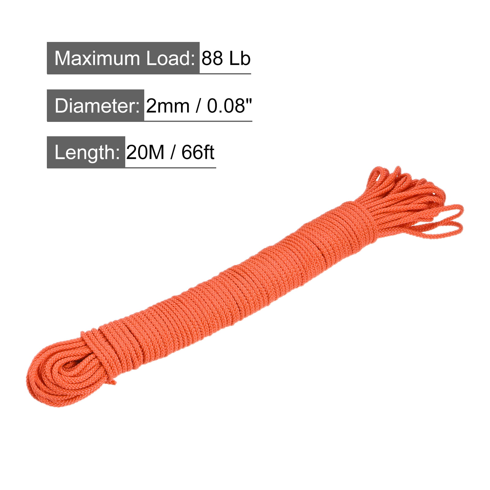 Polypropylene Rope Braid Cord 20M/66ft 2mm Dia Orange for Indoor Outdoor  Camping Clothes Line 