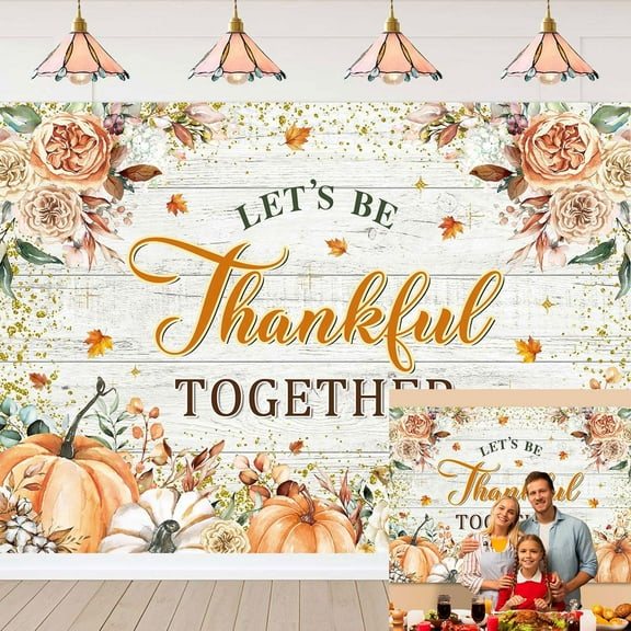 Happy Thanksgiving Backdrop Let's be Thankful Together Thanksgiving Party Photography Background Fall Boho Floral Pumpkins Friendsgiving Party Decorations Banner Photo Studio Props