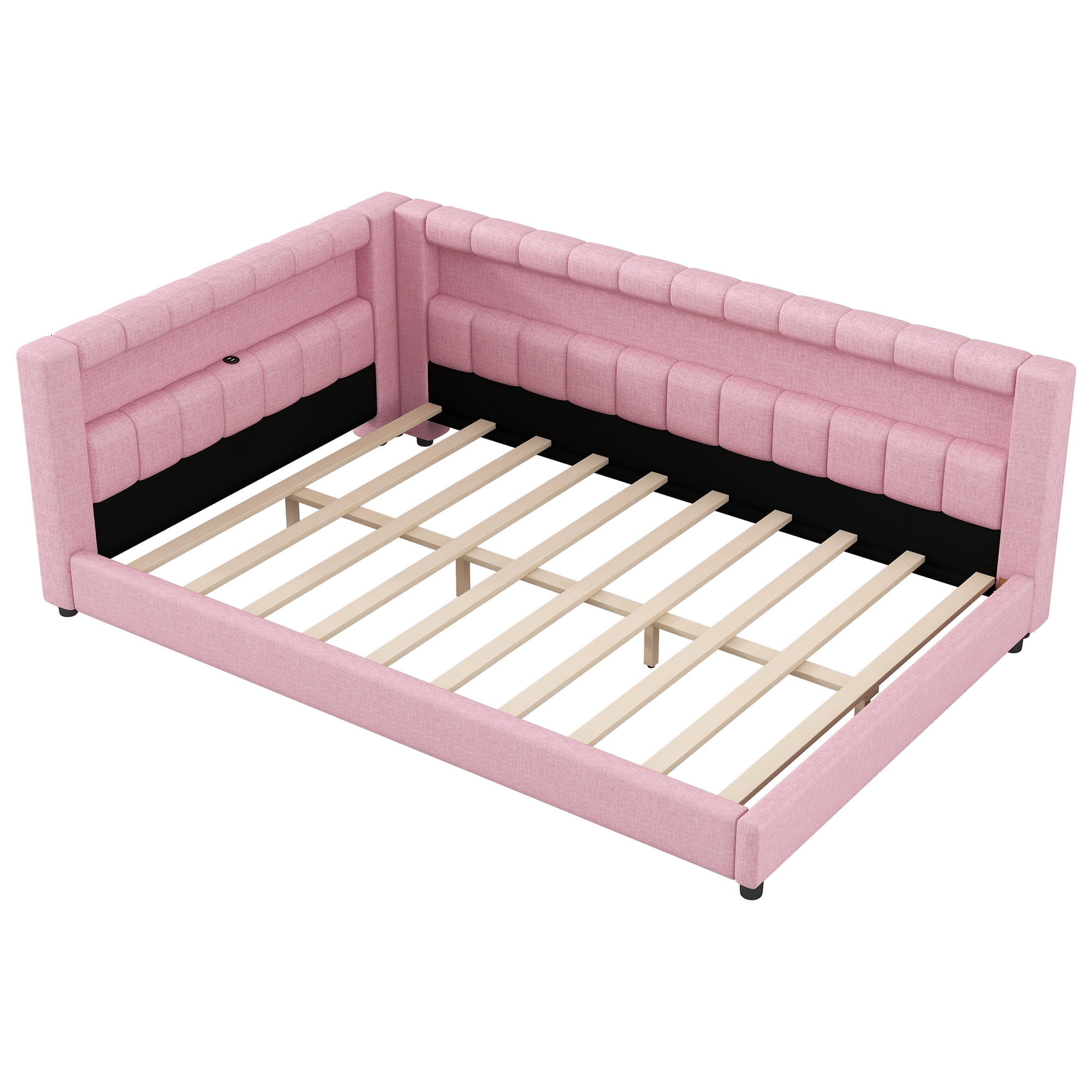 Euroco Upholstery Full XL Platform Bed with LED Light and USB Ports, Pink
