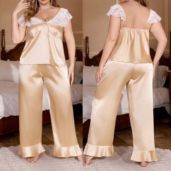 Juslio Pajamas for Women Lace Homewear Short Sleeve Tops and Pants Fashion 2 Piece Matching Pajamas Sets 2XL