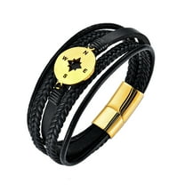 Raymard Mens Compass Bracelet, Leather and Steel, Black Braided Leather Bracelet for Men, Multi-Leather Bracelet, Ideal Gift for Boyfriend Husband Father
