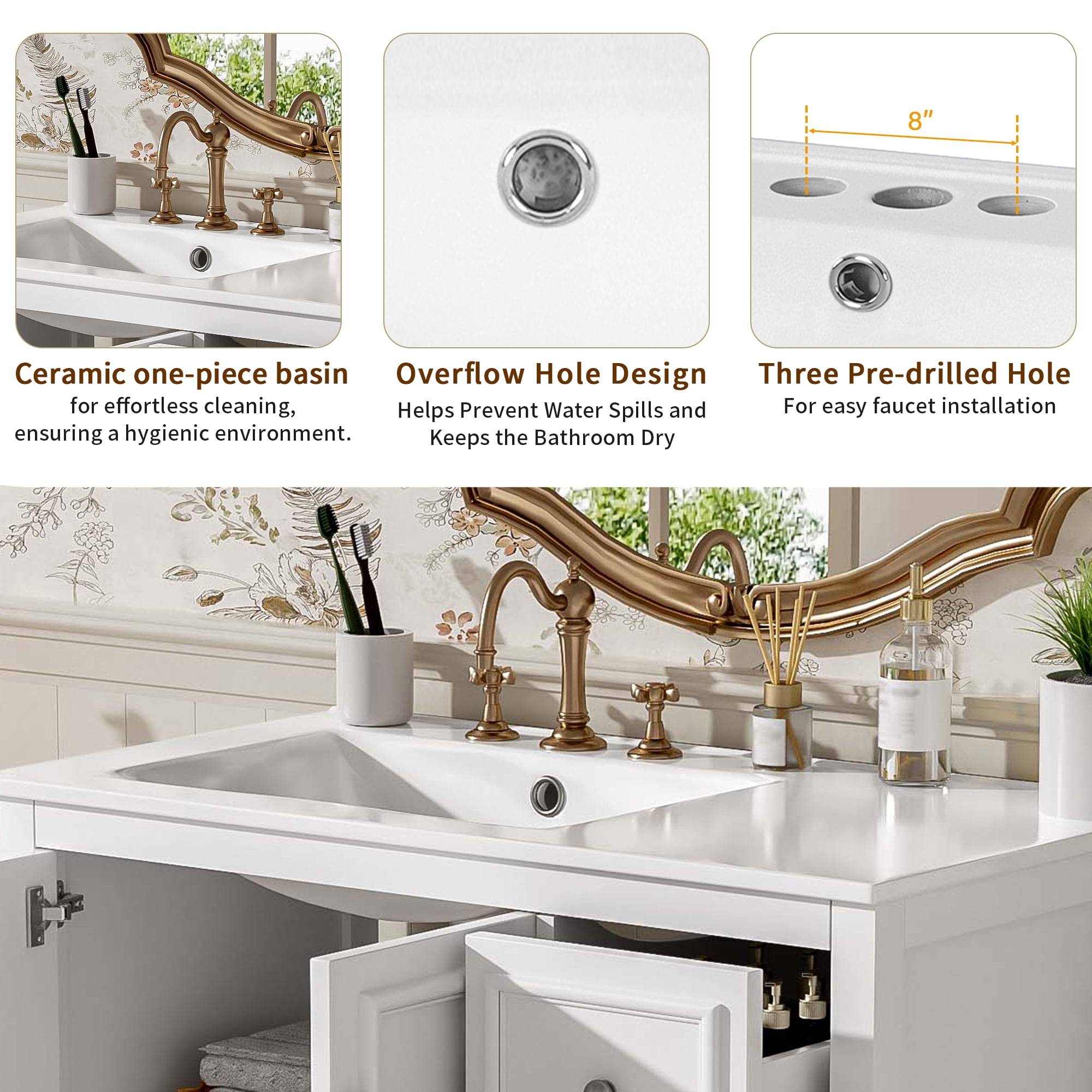 Euroco 36'' transitional bathroom vanity with ceramic sink – features 2 soft-close doors, an adjustable U-shaped shelf, 3 drawers (including one with divider), painted finish, and ample storage space
