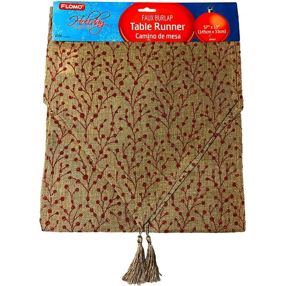 57" x 13" Christmas Holiday Faux Tan Burlap Glitter Table Runner (Tree Stem)