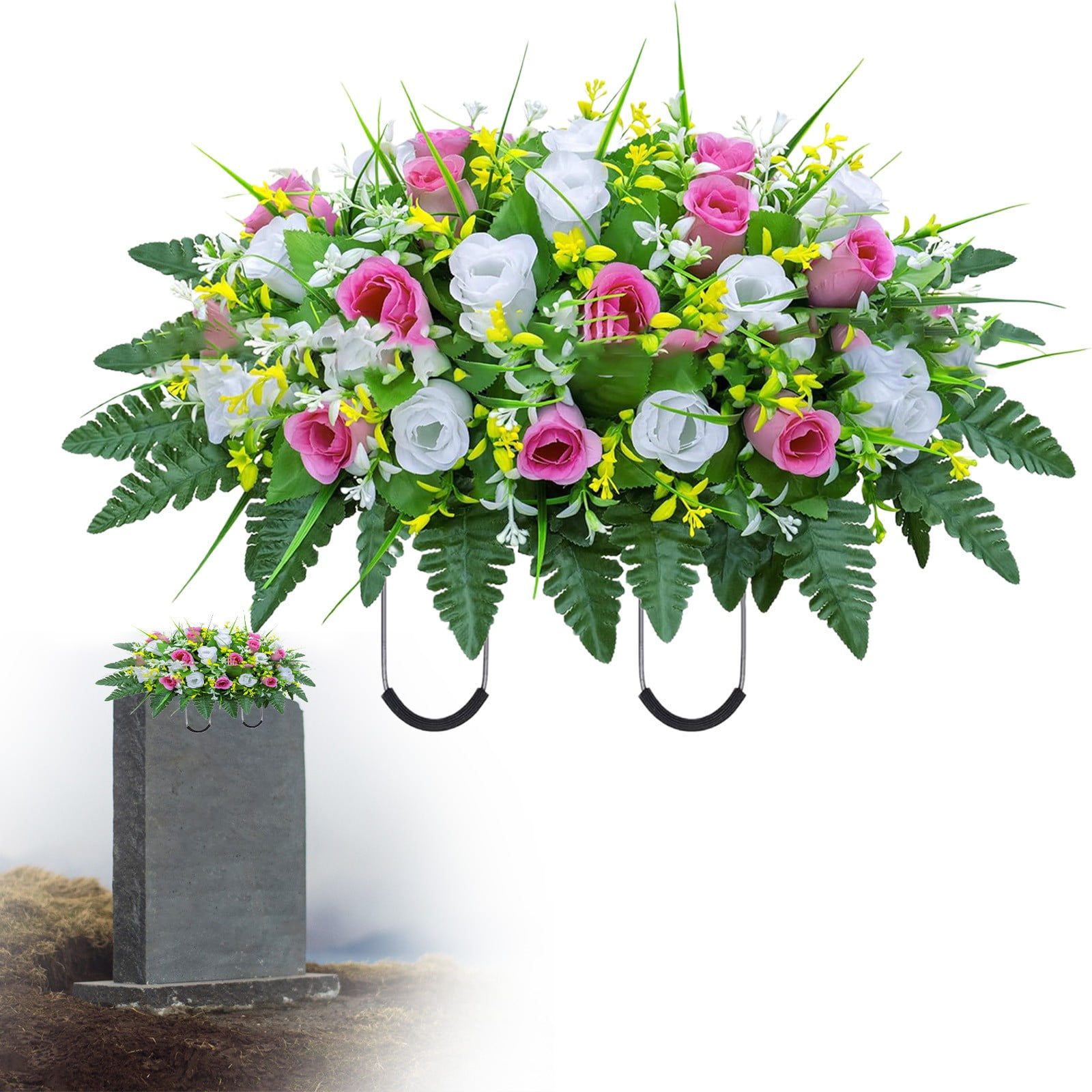 Headstone Flowers Artificial Cemetery Flower Saddle 34 Rose Bouquet Non Fading Memorial Flowers for Grave Decoration, Weather Resistant Saddle Floral Arrangement Outdoor Gravesite Decor
