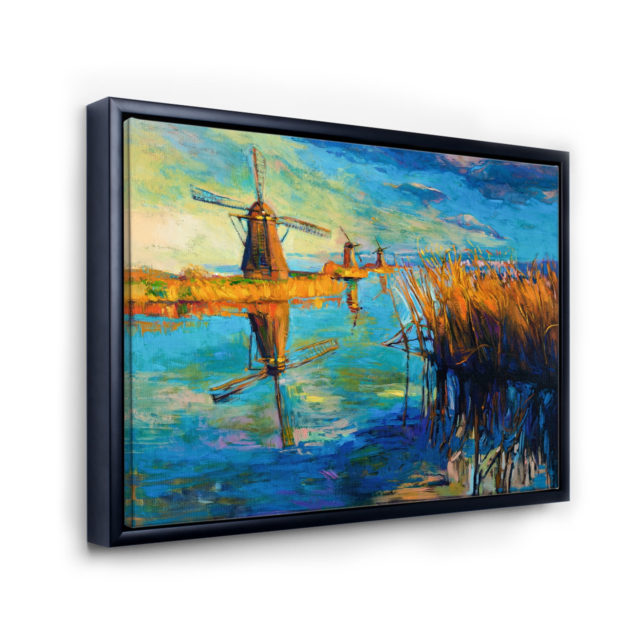 Designart 'The Deep Blue Lake And Windmills' Nautical & Coastal Framed Canvas Wall Art Print