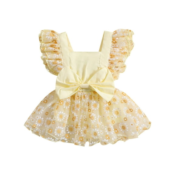 Bagilaanoe Newborn Baby Girl Rompers Dress Flower Print Fly Sleeve Bodysuit 6M 12M 18M 24M Infant Summer Tulle Patchwork Dress