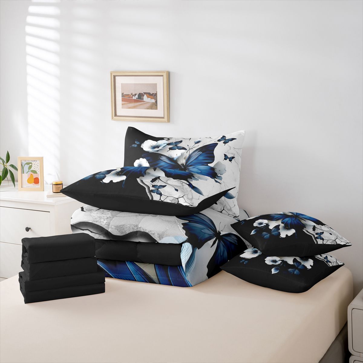 Homewish 3D Cartoon Butterflies 7 Pieces Bedding Comforter Set,Retro Rustic Floral Full Bedding Set,Blue White Black Fitted Sheet Flat Sheet For Girls Teens,Breathable Home Decor Reversible