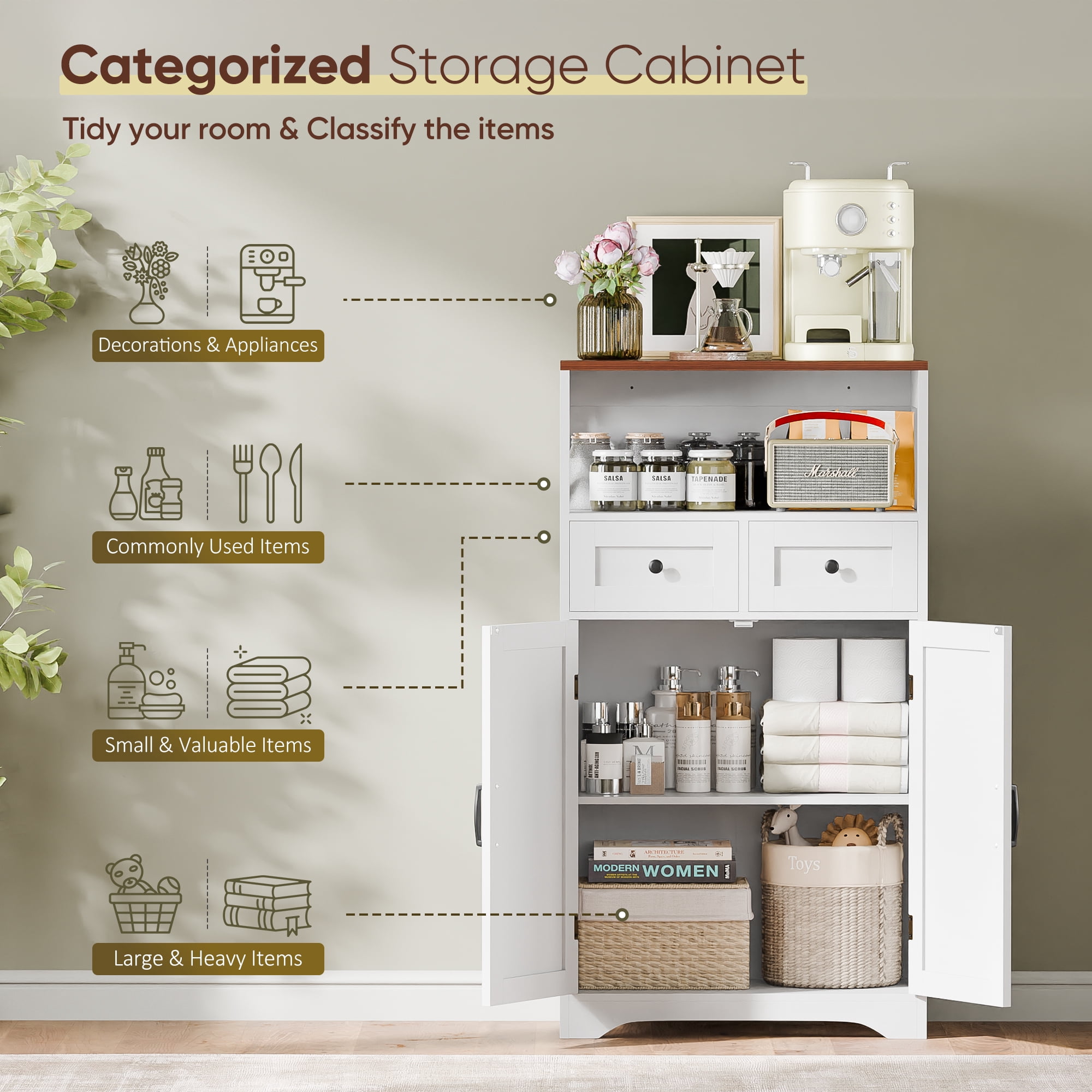 HomGarden Floor Storage Cabinet Large Farmhouse Kitchen Pantry Cabinet W/Drawers & Doors & Shelves for Home, Bathroom, Entryway, Living Room, White