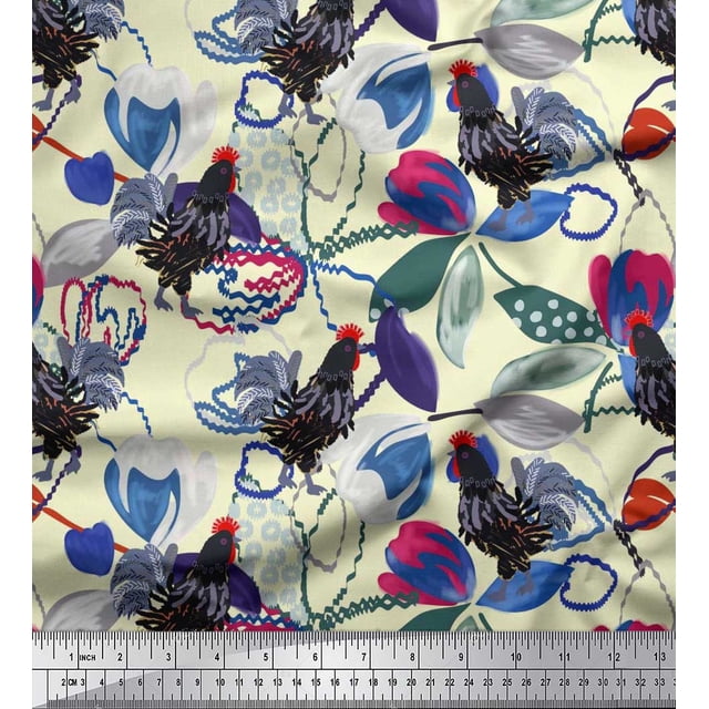 Soimoi Rayon Fabric Floral & Cock Watercolor Fabric Prints by Yard 42 Inch Wide