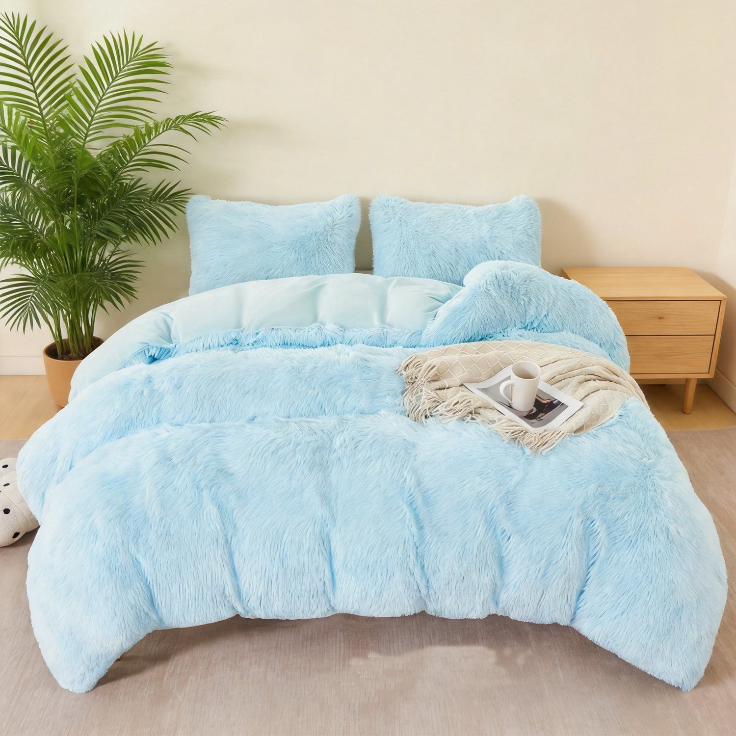 URBONUR 3 Pieces Blue Girls Comforter Sets Twin Faux Fur Plush Bedding Sets Fluffy Bedding Comforter Sets for Kids Teens(1 Shaggy Comforter + 2 Faux Fur Pillowcases)