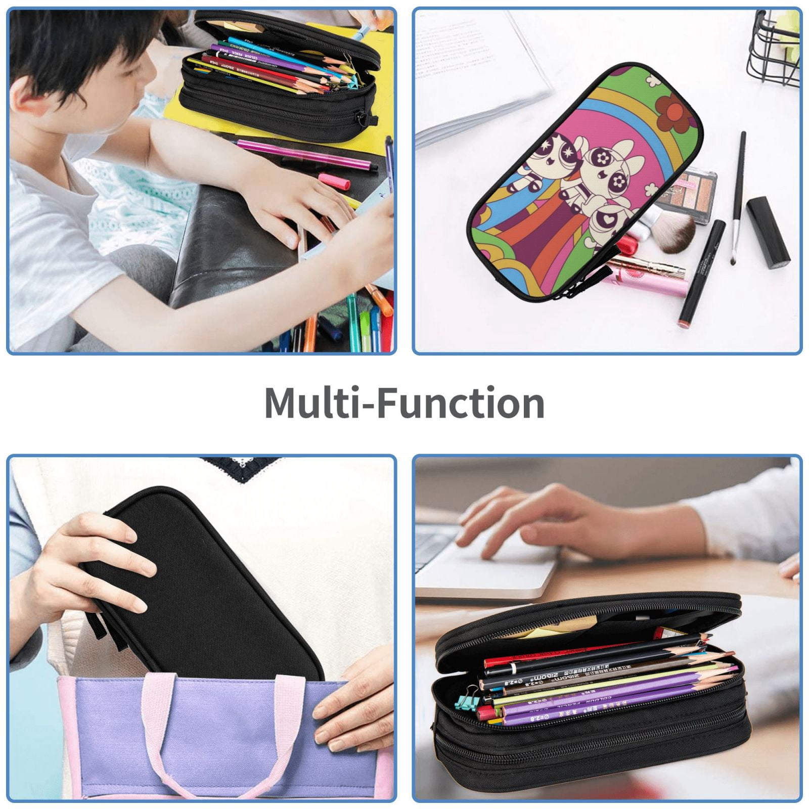 The Powerpuff Gi-rls Pencil Case Large Capacity Pencil Pouch Penbag Office Stationery Organizer Travel Makeup Bag Black