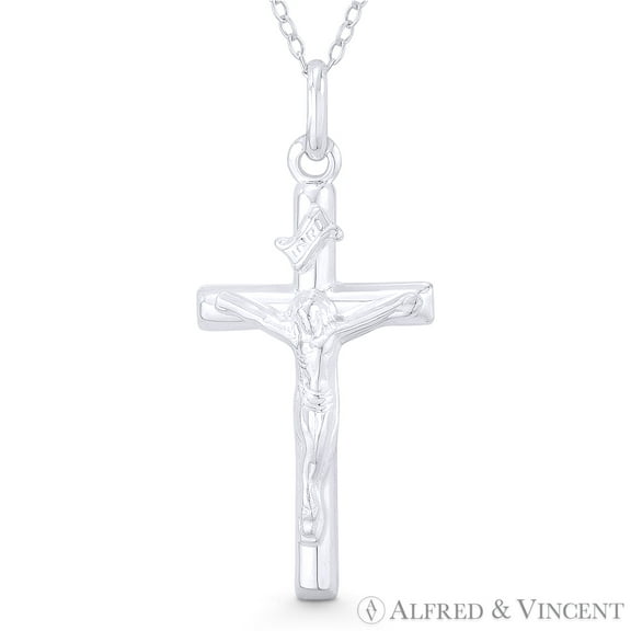 Jesus & INRI Catholic Crucifix Christian Cross Pendant w/ Chain Necklace in .925 Sterling Silver
