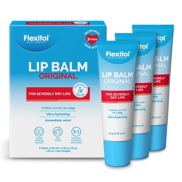 Flexitol Lip Balm, 0.35 oz Tube (3 Pack), With Urea for Immediate Relief and Intensive Moisturization of Severely Dry, Cracked, Peeling Lips