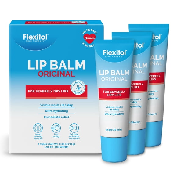 Flexitol Lip Balm, 0.35 oz Tube (3 Pack), With Urea for Immediate Relief and Intensive Moisturization of Severely Dry, Cracked, Peeling Lips