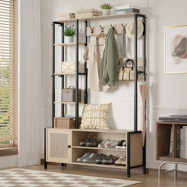 VECELO Hall Tree, Entryway Coat Rack with Bench and Shoe Storage, Freestanding Home Organizer with 17 Hooks & 4-Tier Side Shelves, Brown