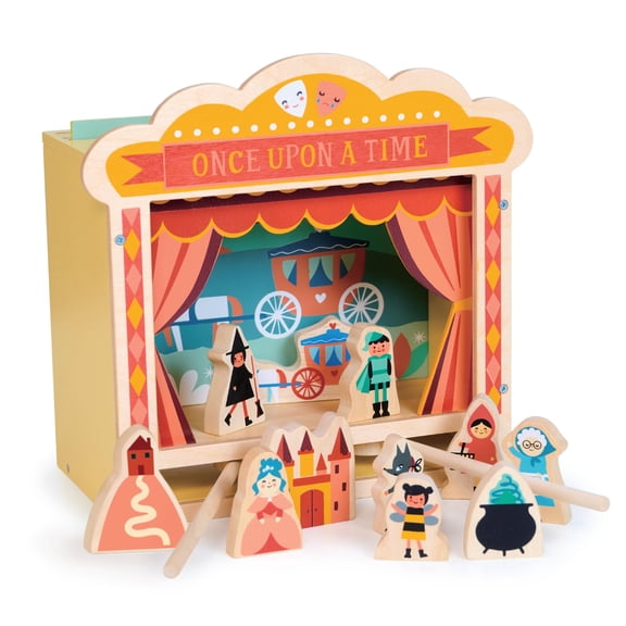 Mentari Toys - Wooden Tabletop Theater - Wooden Puppet Stand with Magnetic Sticks to Make Story Alive - includes 7 Characters, 4 Scene Props, and 3 Illustrated Backdrops - Age 3 