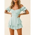thumbnail image 3 of Women's Casual Romper Off Shoulder Short Sleeve Double Layer Ruffle Hem Jumpsuits High Waist Tie Short Romper Dress, 3 of 6
