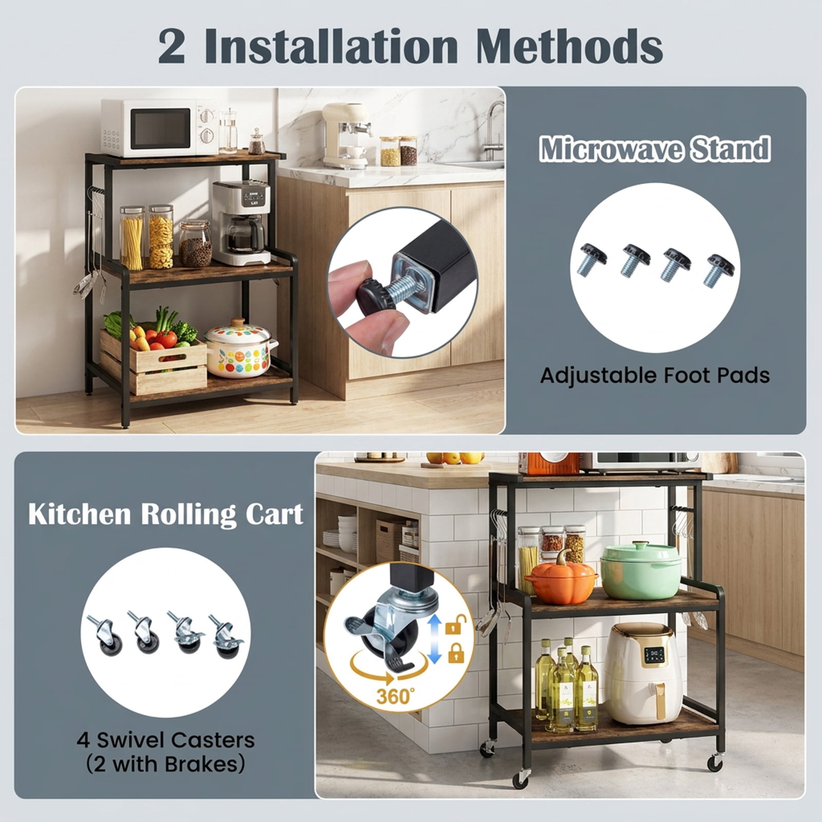 Furnibear 3-Tier Rolling Microwave Cart with Power Outlet and Lockable Wheels and 10 Hooks for Kitchen Dining Home Rolling Utility, Rustic Brown