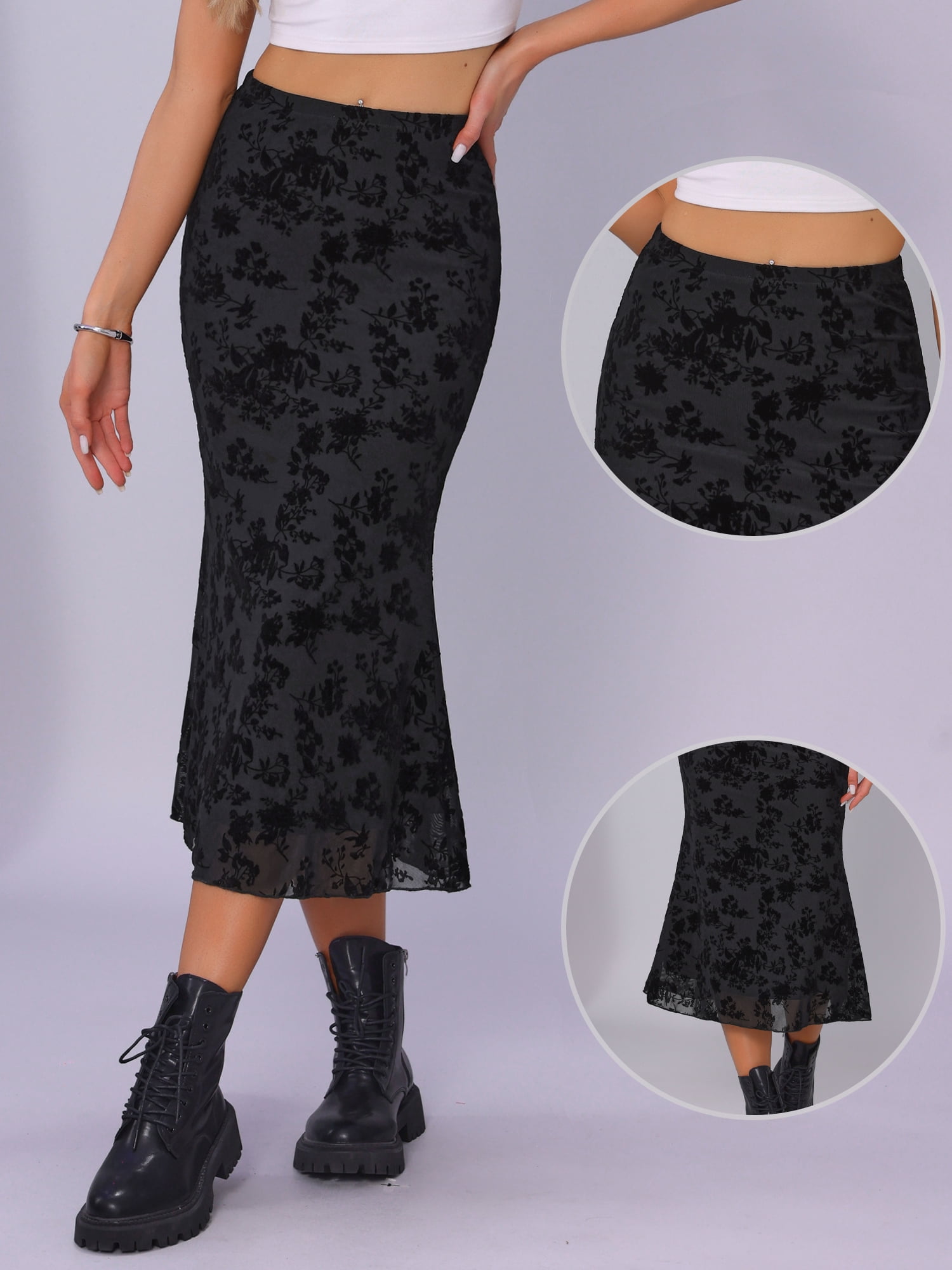 DARING DIVA Women's High Waist Bodycon Mesh Fishtail Midi Skirts M Black