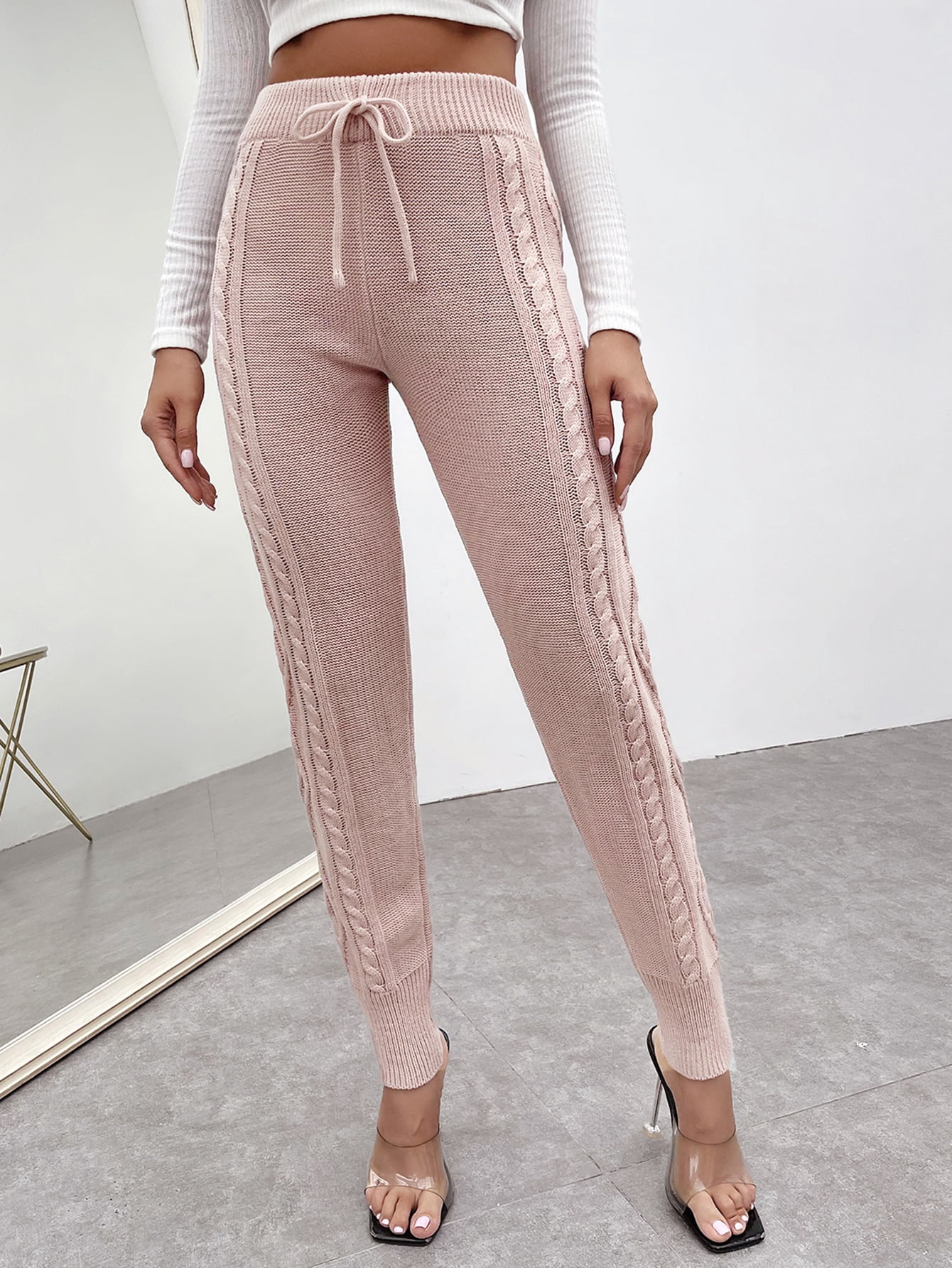 Dusty Pink Drawstring Waist Cable Knit 