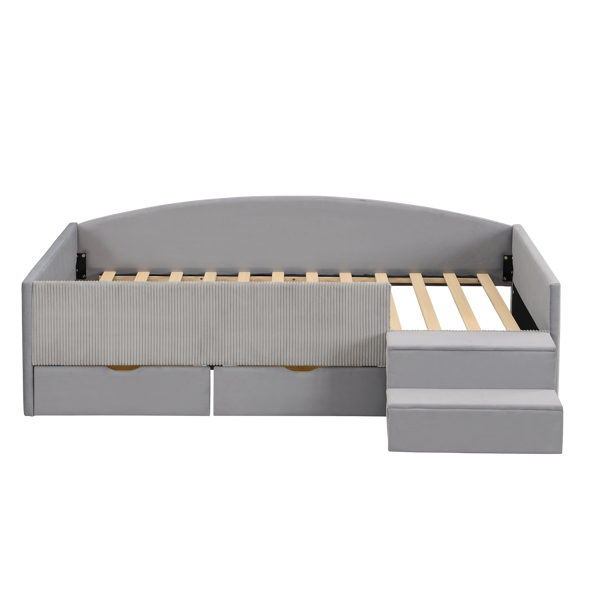 Mintazer Twin Size Upholstered Floor Daybed Frame with Safety Guardrail & 2 Storage Drawers & Stairs for Todder Kids, Gray