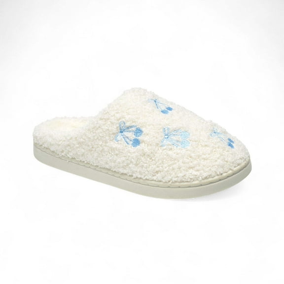 Aéropostale Women’s Fuzzy “Cherry-Bow” Mule Slippers – Ivory Slip-On House Shoes with Sky-Blue Cherry-Tie Embroidery  Non-Slip Outsole