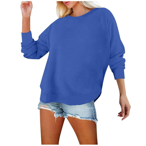 Women Cotton Sweatshirts Casual Loose Crewneck Long Sleeve Pullover Sweatshirt Comfy Lightweight Fall Winter Side Split Tops