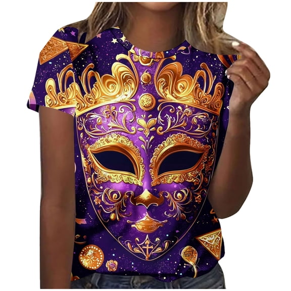 SELONE Mardi Gras Outfit for Women Musk Glitter Tuesday Tee Tops Short Sleeve Carnival Wear Crewneck Party Clothes