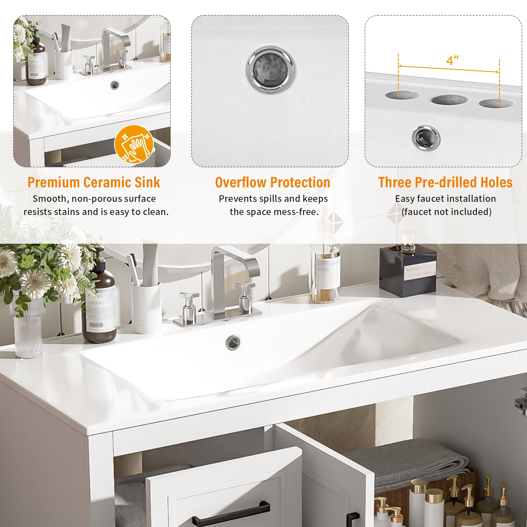 Euroco 36" Modern Bathroom Vanity with Premium Ceramic Sink, Soft-Close Doors, Zinc Alloy Handles, and Ample Storage for Organized Living