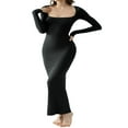 thumbnail image 1 of Women Long Bodycon Dress Solid Color Knitted Ribbed Square Neck Long Sleeve Dress Spring Fall Party Club Skinny Dress, 1 of 6