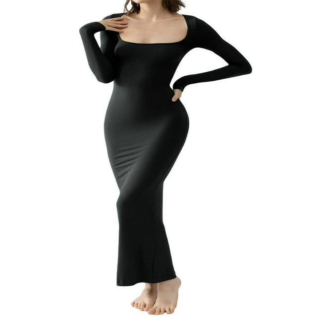 Robe Longue Moulante pour Femmes Couleur Unie Tricotée Col Carré Manches Longues Robe Printemps Automne Fête Boîte de Nuit Robe Moulante