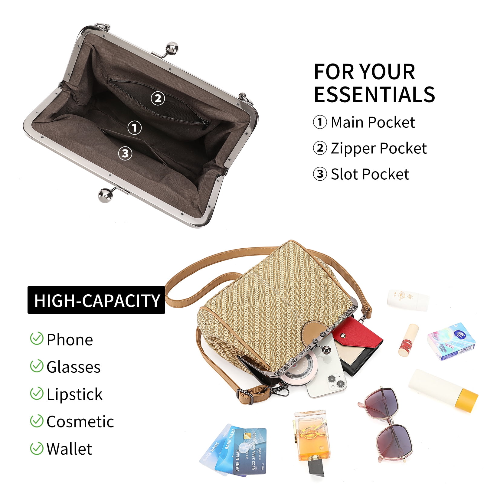 SENDEFN Handbag for Women Shoulder Bag Kiss Lock Medium Top Handle Satchel Purse Retro Crossbody Bag Evening Clutch Purses