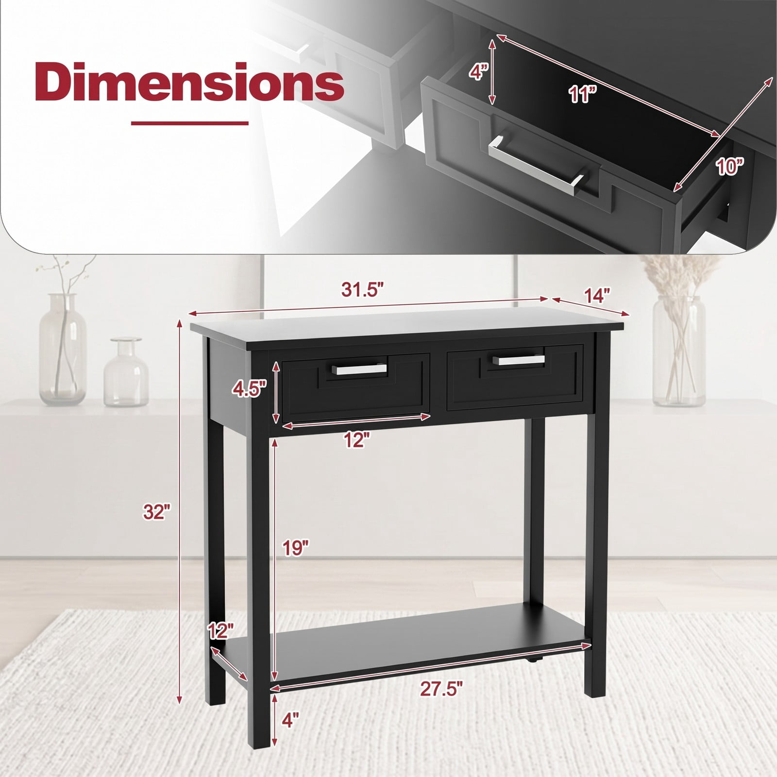 Furnibear Narrow Console Table with 2 Drawers and Open Storage Shelf and Solid Wood Legs for Small Entryway and Foyer, Black