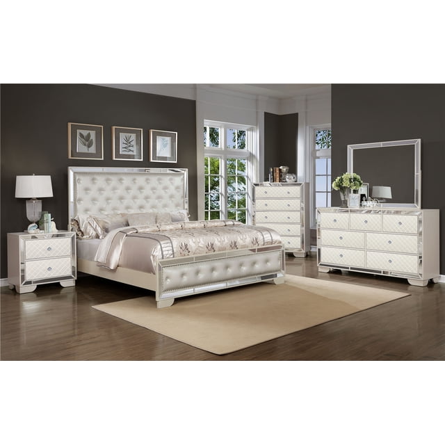 5 Piece Queen Size Bedroom Set, Modern Beige Bedroom Furniture Set with ...
