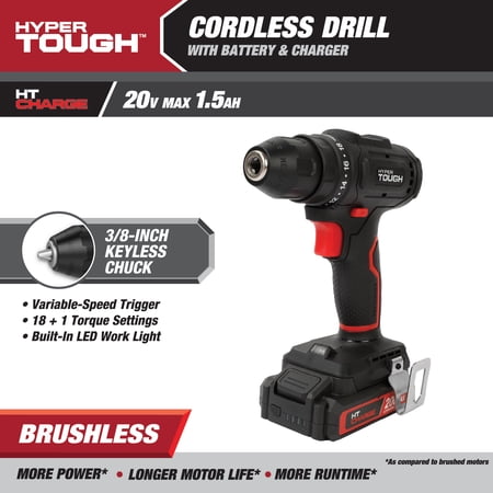 HYPER TOUGH 20V MAX BRUSHLESS CORDLESS DRILL DRIVER WITH 1.5AH LITHIUM-ION BATTERY AND CHARGER