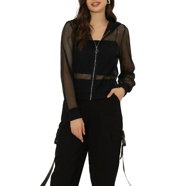 INSPIRE CHIC Ribbed Cuffs Jacket for Women Hoodie Mesh Bomber Jacket XS Black