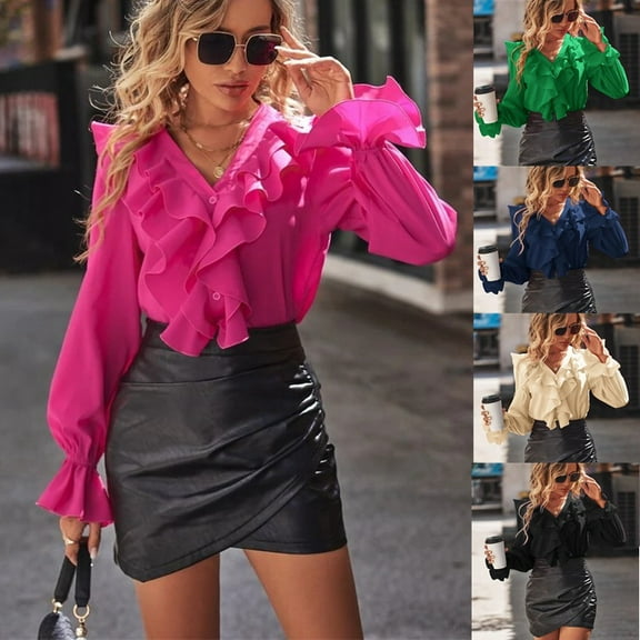 New Women's Tops blouse autumn V-neck ruffled elegant long sleeve shirt