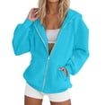 thumbnail image 3 of Women's Solid Color Zip Up Hoodie, Lightweight Fleece Lined Long Sleeve Casual Jacket, Oversized Fall Winter Sweatshirt for Daily Streetwear and Lounge Sky Blue XXL, 3 of 8