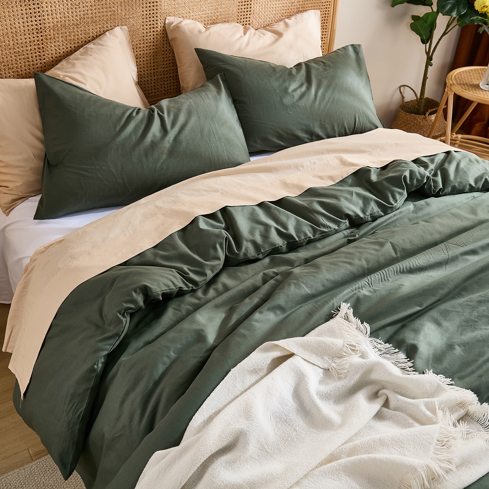 100% Washed Cotton Duvet Cover –Olive Green, Linen-Like Texture, Super Soft & Breathable Bedding Set, 3-Piece Durable Percale Comforter Cover