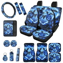 Jeiento Sea Turtle Car Seat Cover Full Set 17 Pcs Car Floor Mats Steering Wheel Cover Seatbelt Pad Armrest Covers Cup Coasters Blue Hibiscus Flower Key Chain Lipstick Holder Auto Accessories Set
