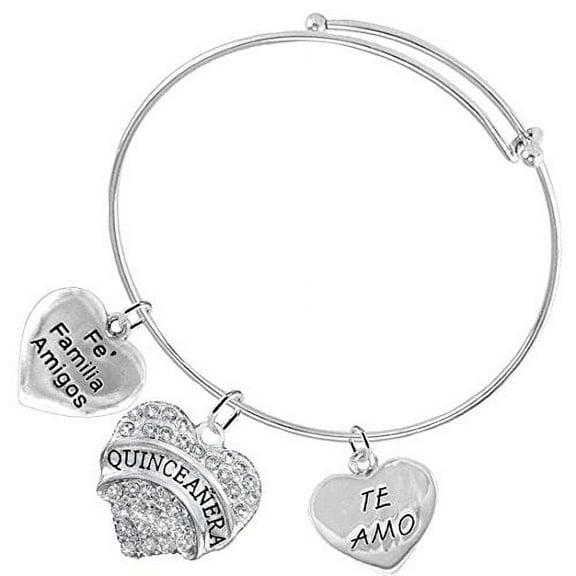 The Perfect Gift, Quinceanera 3 Charm Adjustable Miracle Wire Bracelet, Faith,Family,Friends, Quinceanera, Te Amo Charms, Hypoallergenic-Safe, No Nickel, Lead, Or Cadmium In The Metal 601-1690-463B9