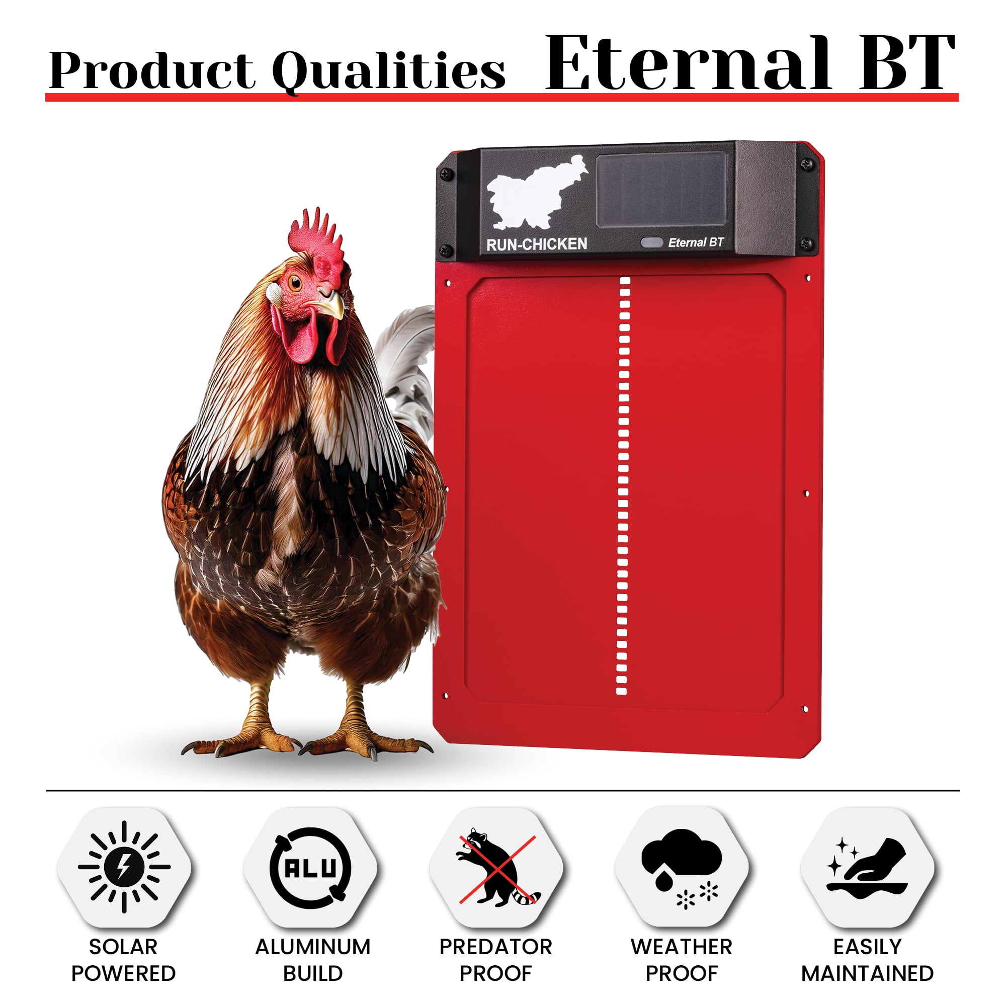 Eternal BT RUN-CHICKEN Door – Solar-Powered Automatic Coop Door with Bluetooth Control (Red)