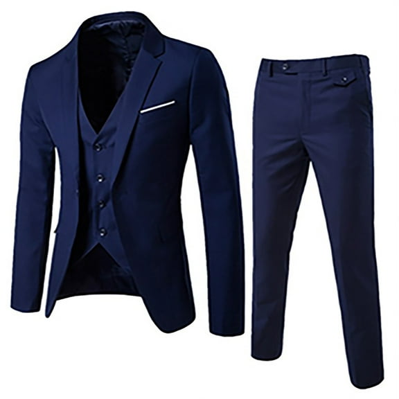 Lovskoo 2024 Men's Slim Fit Three Piece Suit Fashion Tuxedo Set One Button Jacket Vest Pants Suit Navy