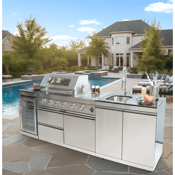 98-Inch Outdoor Kitchen Island with 4-Burner Gas Grill, 72000 BTU Deluxe Stainless Steel Gas BBQ Bar, Black Granite Countertop, Built-in Wine Cooler Refrigerator, Rotisserie Kit & Storage Cabinets